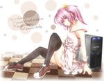  black_legwear blue_eyes bow checkered checkered_floor computer english hair_bow md5_mismatch original pc_personification perspective pink_hair shirayuki_mutsumi shoes short_hair side_ponytail sitting sneakers solo strap_slip thighhighs wrist_cuffs zettai_ryouiki 