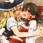  album_cover asanagi blonde_hair brown_hair chain collar cover face fang hakurei_reimu hat holding_hands kirisame_marisa long_hair looking_at_viewer multiple_girls naughty_face navel short_hair tongue touhou witch_hat yuri 