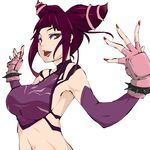  :p breasts detached_sleeves drill_hair fingerless_gloves gloves halter_top halterneck han_juri large_breasts lips makai nail_polish purple_eyes red_nails short_hair solo spikes street_fighter street_fighter_iv_(series) tongue tongue_out twin_drills 