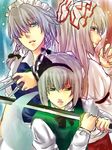  bad_id bad_pixiv_id fujiwara_no_mokou ghost hair_over_one_eye hairband izayoi_sakuya katana knife konpaku_youmu konpaku_youmu_(ghost) looking_back maid_headdress multiple_girls profile rikuruto sword touhou weapon 