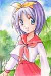  blue_eyes hiiragi_tsukasa lucky_star making pink_neckwear purple_hair ryouou_school_uniform school_uniform serafuku short_hair solo traditional_media 