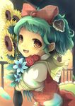  ascot bad_id bad_pixiv_id bow dress flower green_hair hair_bow hair_ornament happy holding holding_flower kazami_yuuka petals pinafore_dress plaid plaid_dress red_flower red_rose rose sanntouhei short_hair smile solo sunflower touhou unmoving_pattern yellow_eyes younger 