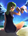  beach black_eyes cloud day face from_behind green_hair hama_(22ji_kara_24ji) highres indian_style looking_at_viewer looking_back ocean one-piece_swimsuit one-piece_tan original outdoors sitting sky solo swimsuit tan tanline towel wet 