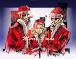  2boys beard big_boss blonde_hair christmas facial_hair fur_trim hat ikuyoan kazuhira_miller metal_gear_(series) metal_gear_solid_peace_walker multiple_boys paz_ortega_andrade santa_costume santa_hat silver_hair upper_body 