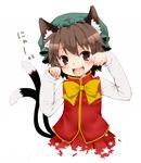  animal_ears bad_id bad_pixiv_id blush brown_eyes brown_hair cat_ears cat_tail chen fangs hat momo_michi multiple_tails nyan open_mouth paw_pose smile solo star tail touhou 