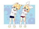  1girl :d blonde_hair blue_eyes blush brother_and_sister buruma fang gym_uniform kagamine_len kagamine_rin kayano_celica name_tag open_mouth shoes shorts siblings smile socks stretch twins uwabaki vocaloid 