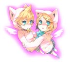  1girl animal_ears aqua_eyes bad_id bad_pixiv_id bell bell_collar blonde_hair brother_and_sister cat_ears collar from_above hood hoodie kagamine_len kagamine_rin looking_up mizuki_(koko_lost) siblings twins vocaloid wings 