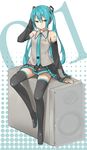  aqua_eyes aqua_hair bad_id bad_pixiv_id detached_sleeves hatsune_miku headset legs long_hair necktie nekonekoyukai sitting skirt solo speaker thighhighs twintails vocaloid 