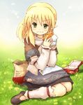  arm_warmers blonde_hair crumbs eijima_moko food grass green_eyes hamburger leg_warmers mizuhashi_parsee pointy_ears solo touhou 