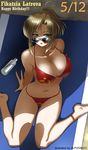  anklet arm_support bare_shoulders barefoot bikini blonde_hair bottle breasts character_name cleavage dated fikatsia_latrova green_eyes happy_birthday jewelry jilpoong17 large_breasts long_hair lotion muvluv navel ponytail shade sitting solo soviet sunglasses sunscreen swimsuit wariza 