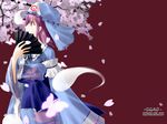  bug butterfly cherry_blossoms covering_mouth fan folding_fan ghost hat hitsuki_rei insect japanese_clothes kimono petals profile red_eyes saigyouji_yuyuko simple_background solo touhou tree wide_sleeves 