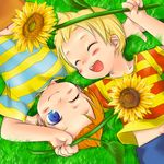  blue_eyes child claus flower hakaze lucas lying male_focus mother_(game) mother_3 multiple_boys one_eye_closed siblings smile sunflower twins 