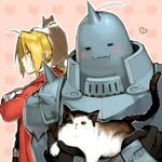  =_= ahoge alphonse_elric animal animal_on_head armor belt blonde_hair blush braid carrying cat cat_on_head closed_mouth coat crossed_arms edward_elric frown full_armor fullmetal_alchemist gloves happy heart jitome kitten long_sleeves male_focus noako on_head outline profile red_coat silhouette single_braid spikes upper_body white_gloves white_outline 