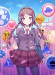  1girl blazer braid brown_hair cherry_blossoms digital_media_player flower glasses hair_flower hair_ornament hairclip headphones heart jacket kasai_shin long_hair original pantyhose plaid plaid_skirt purple_eyes school_uniform sign skirt solo twin_braids ufo 