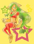  bad_id bad_pixiv_id feena_(grandia) full_body grandia grandia_i green_hair hair_ornament hair_tubes long_hair low-tied_long_hair midriff nuka_(pixiv1549846) one_eye_closed shoes simple_background solo star thighhighs wide_sleeves yellow yellow_background 