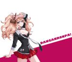  1girl absurdres arm_up black_bra black_necktie black_shirt blonde_hair blue_eyes bra copyright_name danganronpa:_trigger_happy_havoc danganronpa_(series) enoshima_junko grin hammer highres holding holding_hammer hy_(fjvlg) miniskirt nail_polish necktie pink_background red_nails red_skirt shirt skirt smile solo teeth twintails underwear white_background white_necktie white_shirt 