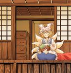  ^_^ animal_ears artist_request blonde_hair blush brown_hair building cat_ears chen closed_eyes drawer dress fox_tail frills hat lap_pillow long_sleeves mob_cap multiple_girls outdoors petting pillow_hat red_dress shelf short_hair sitting sleeping sleeveless sliding_doors surcoat tabard tail tassel touhou yakumo_ran 