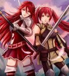  2girls armor artist_name belt brown_gloves cordelia_(fire_emblem) detached_sleeves dress english_commentary feather_hair_ornament feathers fire_emblem fire_emblem_awakening gauntlets gloves hair_between_eyes hair_ornament highres holding holding_polearm holding_sword holding_weapon long_bangs long_hair mother_and_daughter multiple_girls polearm red_dress red_eyes red_hair schereas severa_(fire_emblem) shoulder_armor smile sword thighhighs twintails weapon 
