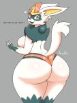 absurd_res anthro big_butt biped breasts butt cinderace clothed clothing dialogue english_text female fur generation_4_pokemon generation_8_pokemon hi_res huge_butt hybrid jhenightfox looking_at_viewer looking_back looking_back_at_viewer lucario lurace_(jhenightfox) nintendo pokemon pokemon_(species) smile solo standing talking_to_viewer text thick_thighs topless white_body