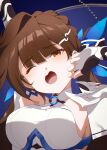  1girl :o absurdres armpits arms_up blue_background breasts brown_eyes brown_hair china_dress chinese_clothes dress elbow_gloves fingerless_gloves gloves hair_ornament highres honkai_(series) honkai_impact_3rd large_breasts li_sushang li_sushang_(jade_knight) long_hair looking_at_viewer one_eye_closed solo very_long_hair white_dress white_gloves ya_ya_zhi_luo yawning 