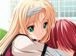  1girl ahoge blonde_hair closed_mouth frown game_cg green_eyes hairband hug kasugazaki_yukino kisaragi_shuuji koisuru_otome_to_shugo_no_tate long_hair otoko_no_ko red_hair senomoto_hisashi upper_body very_long_hair 