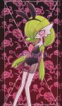  1girl animal_ears arms_at_sides artist_name bare_shoulders black_hairband black_leotard blush bob_cut border bow clothed_pokemon colored_skin commentary_request fake_animal_ears flat_chest floral_background gardevoir green_hair green_skin hair_over_one_eye hairband half-closed_eyes heart heart-shaped_pupils highres legs leotard long_legs miniskirt multicolored_skin one_eye_covered open_mouth outline outside_border pink_background pink_outline playboy_bunny pokemon pokemon_(creature) rabbit_ears red_bow see-through see-through_skirt short_hair skirt solo standing strapless strapless_leotard symbol-shaped_pupils thigh_strap thighs twitter_username two-tone_skin watermark white_skin yuri_(fl0werspace) 