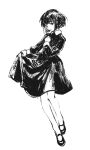  1girl adjusting_dress dress full_body highres long_sleeves looking_at_viewer machihazure mary_janes monochrome original shoes short_hair simple_background solo 