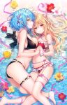  2girls ass asymmetrical_docking bare_arms bare_shoulders beach bikini black_bikini blonde_hair blue_hair breast_press breasts bridal_garter caustics choker cleavage commentary_request criss-cross_halter day flower frills garter_straps green_eyes groin halterneck hibiscus hikikomari_kyuuketsuki_no_monmon holding_hands large_breasts leg_between_thighs long_hair looking_at_viewer lying medium_breasts multiple_girls navel parted_lips pink_ribbon pointy_ears red_bikini red_eyes ribbon riichu short_hair stomach sunlight swimsuit terakomari_gandezblood thighs villhaze water wet yuri 