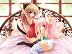  animal_ears bad_id bad_pixiv_id bed blonde_hair blue_eyes breasts bunny_ears camisole cat_ears cleavage large_breasts lingerie multiple_girls original panties pillow pink_hair red_eyes ringo_ame tail thighhighs underwear window 