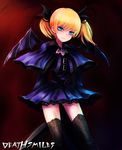  bat_wings black_legwear blonde_hair blue_eyes casper_(deathsmiles) deathsmiles dress gothic gothic_lolita kara_(color) lolita_fashion short_dress skirt smile solo thighhighs twintails wings zettai_ryouiki 