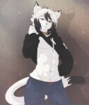 anthro biped bottomwear clothed clothing dipstick_ears dipstick_tail domestic_cat ereki_kagami eyebrows felid feline felis fur hair hi_res hoodie male mammal markings multicolored_ears munkeesgomu pants purple_eyes solo tail tail_markings topwear white_body white_fur