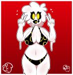 &lt;3 anthro bikini black_bikini black_clothing black_swimwear breasts cleavage clothed clothing delirium_(tboi) dripping female gesture glowing glowing_eyes goo_creature hair hi_res humanoid not_furry open_mouth red_background rex_santos simple_background slightly_chubby slime solo swimwear the_binding_of_isaac_(series) the_lost_(tboi) tongue v_sign white_body yellow_eyes