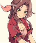  1girl aerith_gainsborough braid braided_ponytail breasts brown_hair choker cleavage closed_mouth commentary_request dress final_fantasy final_fantasy_vii final_fantasy_vii_remake flower_choker green_eyes hair_ribbon jacket long_hair looking_at_viewer medium_breasts parted_bangs pink_dress pink_ribbon red_jacket ribbon sana_(sanaa653) short_sleeves sidelocks single_braid sketch smile solo twitter_username upper_body w_arms wavy_hair 