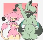 &lt;3 annoyed anthro big_breasts blush breast_size_difference breasts caeleste duo eyes_closed featureless_breasts featureless_crotch female floragato fluffy fluffy_breasts fur generation_3_pokemon generation_9_pokemon green_body green_fur mistletoe motion_lines navel nintendo open_mouth pink_body pink_fur plant pokemon pokemon_(species) pouting skitty smile standing tan_body tan_fur thick_thighs wide_hips