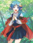  1girl ahoge blue_eyes blue_hair blush cape crescent crescent_hair_ornament forest hair_ornament highres kazuwaya looking_at_viewer nature open_mouth photo_background pointy_ears red_cape rena_lanford short_hair skirt smile solo star_ocean star_ocean_the_second_story tree 