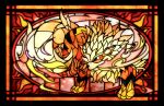  animal_focus arcanine black_eyes border breathing_fire commentary_request fang fang_out fire free_butterfree full_body highres looking_to_the_side no_humans orange_border orange_theme partial_commentary pokemon pokemon_(creature) solo stained_glass standing 