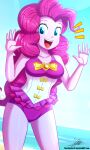  1girl artist_request blue_eyes breasts day highres long_hair looking_at_viewer medium_breasts my_little_pony my_little_pony:_equestria_girls my_little_pony:_friendship_is_magic one-piece_swimsuit open_mouth pink_hair pink_one-piece_swimsuit pinkie_pie smile solo swimsuit 