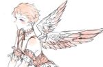  1boy alternate_costume androgynous angel angel_wings chukapong closed_mouth dress ensemble_stars! expressionless facing_to_the_side feathered_wings gloves grey_background highres itsuki_shu lace looking_at_viewer male_focus pink_dress pink_hair purple_eyes short_hair sketch solo white_gloves wings 