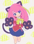  1girl :3 akiyama_enma animal_ears animal_hands blonde_hair blue_skirt blush bow cat_ears cat_paws cat_tail closed_mouth cowboy_shot cropped_legs gloves green_eyes hands_up hashimoto_nyaa jacket long_hair long_sleeves looking_at_viewer multicolored_hair osomatsu-kun paw_gloves pink_hair pleated_skirt red_jacket school_uniform skirt slit_pupils smile solo standing streaked_hair tail yellow_bow 