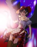  1girl black_hair black_tail black_wings boots brown_hair commentary_request cowboy_hat flat_chest frilled_sleeves frills hat highres horizontal_pupils kaigen_1025 kurokoma_saki multicolored_shirt off-shoulder_shirt off_shoulder plaid plaid_skirt pleated_skirt puffy_short_sleeves puffy_sleeves red_eyes red_headwear red_skirt shirt short_hair short_sleeves skirt solo touhou wings 