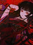  1girl black_hair black_kimono blunt_bangs bracelet enma_ai highres hime_cut japanese_clothes jewelry jigoku_shoujo john_kafka kimono long_hair looking_at_viewer red_background red_eyes solo upper_body 