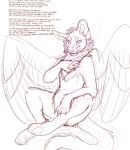 2023 ambiguous_gender anthro bluey_(maligaytor) cheek_tuft claws digital_drawing_(artwork) digital_media_(artwork) digitigrade domestic_cat english_text facial_tuft feathered_wings feathers felid feline felis finger_claws full-length_portrait fur handpaw handwritten_text hindpaw kerchief kerchief_only licking licking_lips licking_own_lips looking_at_viewer lyrics maligaytor mammal mostly_nude neckerchief neckerchief_only nude pawpads paws portrait simple_background sitting sketch snout solo tail text tongue tongue_out tuft white_background wings