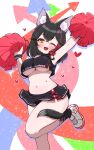  1girl :d adapted_costume animal_ear_fluff animal_ears arms_up black_hair black_skirt blush breasts cheerleader commentary_request crossed_bangs curvy hair_ornament heart highres hololive kani_bonara large_breasts microskirt multicolored_hair navel one_eye_closed ookami_mio ookami_mio_(1st_costume) pleated_skirt pom_pom_(cheerleading) red_hair skirt smile solo standing standing_on_one_leg stomach streaked_hair tail tail_around_own_leg underboob virtual_youtuber white_background wolf_ears wolf_girl wolf_tail wristband yellow_eyes 