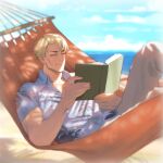  1boy beach blonde_hair blue_shirt book brown_eyes cloud collared_shirt floral_print hammock innaillus jujutsu_kaisen light_smile lying male_focus nanami_kento ocean open_book outdoors sand shirt short_hair short_sleeves solo twitter_username water 