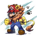  1boy animal_ears blue_eyes blue_overalls boots brown_footwear brown_hair facial_hair full_body hat highres lion_boy lion_ears lion_mane lion_paw lion_tail looking_at_viewer mari_luijiroh mario mario_(series) mustache overalls paw_print red_headwear red_shirt shirt short_hair solo tail white_background 