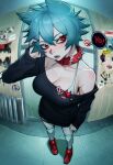  1girl arm_up black_crowser black_sweater blue_hair bra breasts collar hair_between_eyes highres medium_breasts open_mouth original red_eyes shoes short_hair solo sweater underwear white_bra 