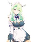  1girl absurdres alternate_costume antlers apron breasts ceres_fauna ceres_fauna_(1st_costume) cleavage green_hair highres hololive hololive_english large_breasts looking_at_viewer maid maid_apron maid_headdress mole mole_under_eye nano_(nanojyaa) solo virtual_youtuber yellow_eyes 