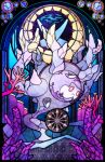  :&lt; animal_focus closed_mouth colored_sclera commentary_request coral cursola free_butterfree full_body highres looking_at_viewer no_humans pink_sclera pokemon pokemon_(creature) solo stained_glass underwater white_eyes 
