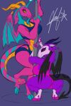 anthro big_breasts big_butt bovid breasts butt caprine caprine_demon clothed clothing dancing demon duo female fur goat_demon helluva_boss hi_res horn lavender_(helluva_boss) mammal paradise_(helluva_boss) partially_clothed pink_body pink_fur plumablancadraw pole pole_dancing purple_body purple_fur simple_background smile thick_thighs wings