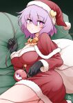  1girl bare_legs black_gloves blush breasts bright_pupils capelet dress feet_out_of_frame fur-trimmed_capelet fur-trimmed_dress fur-trimmed_headwear fur_trim gloves hair_between_eyes hat highres komeiji_satori large_breasts looking_at_viewer lying on_side pink_eyes pink_hair red_capelet red_dress red_headwear sack santa_costume santa_hat scavia10 short_hair solo third_eye touhou white_pupils 